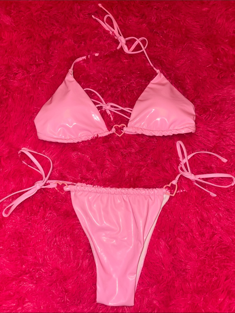 SHEIN Shiny Light Pink Triangle Tie-Side Bikini